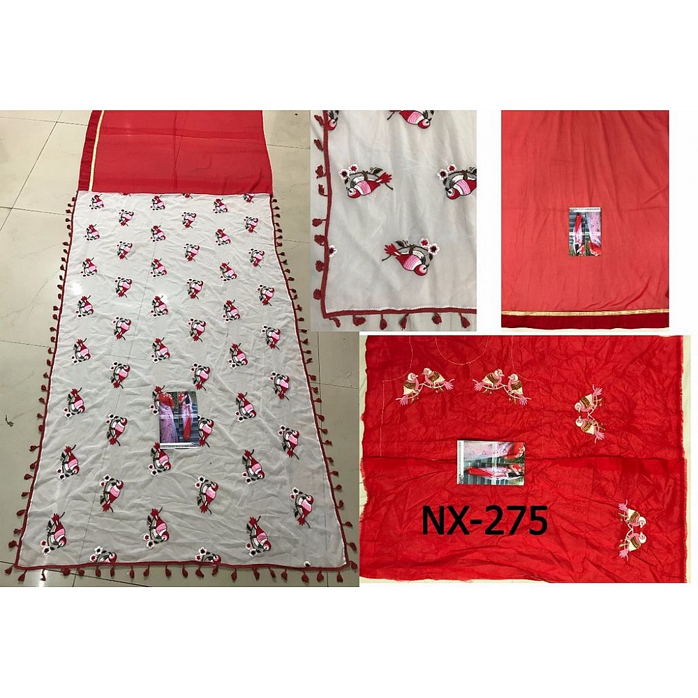 White and red georgtte sparrow embroidered saree