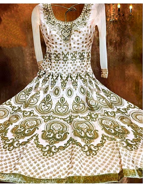 White banglori silk heavy embroidered wedding anarkali suit