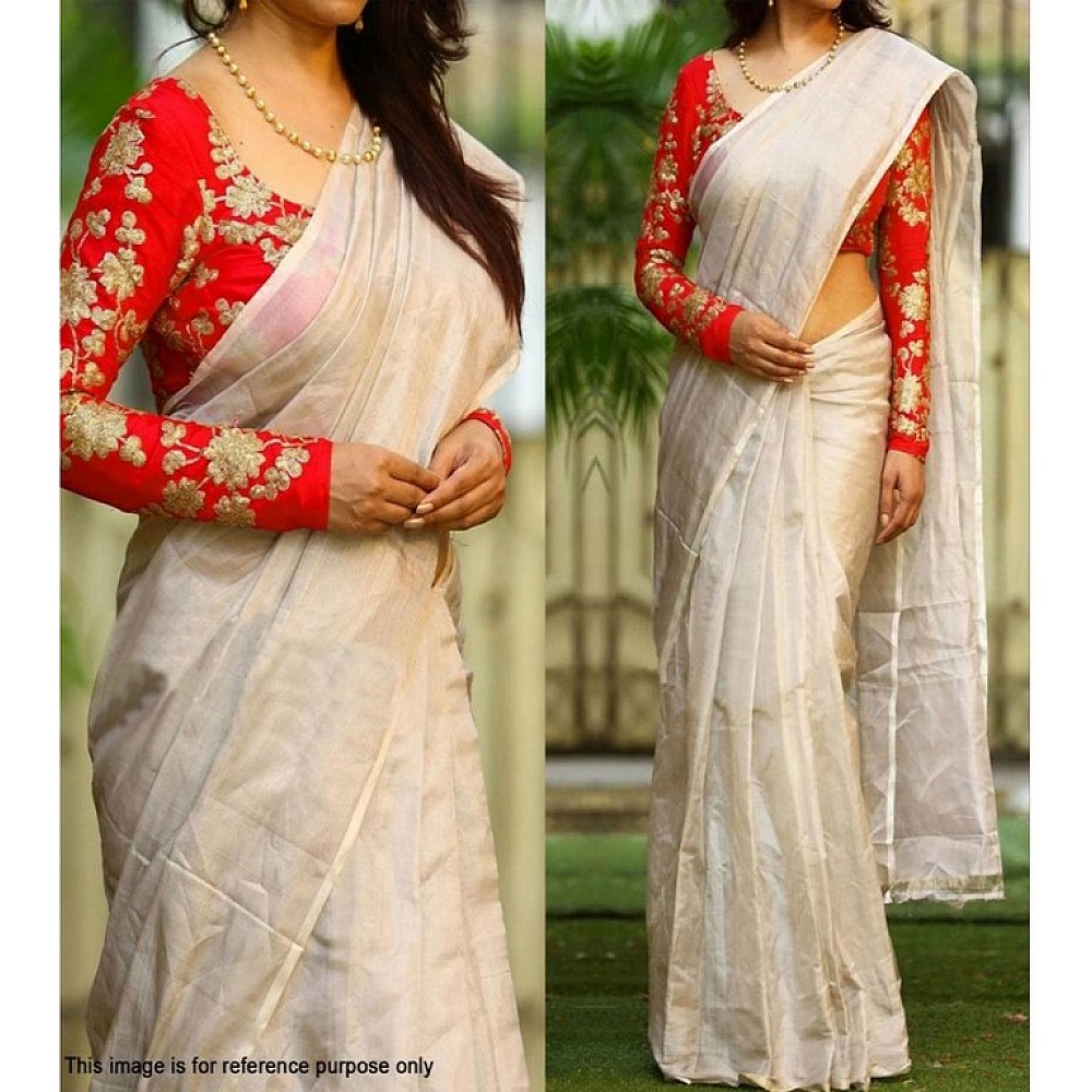 White chanderi silk festival saree with embroidered blouse