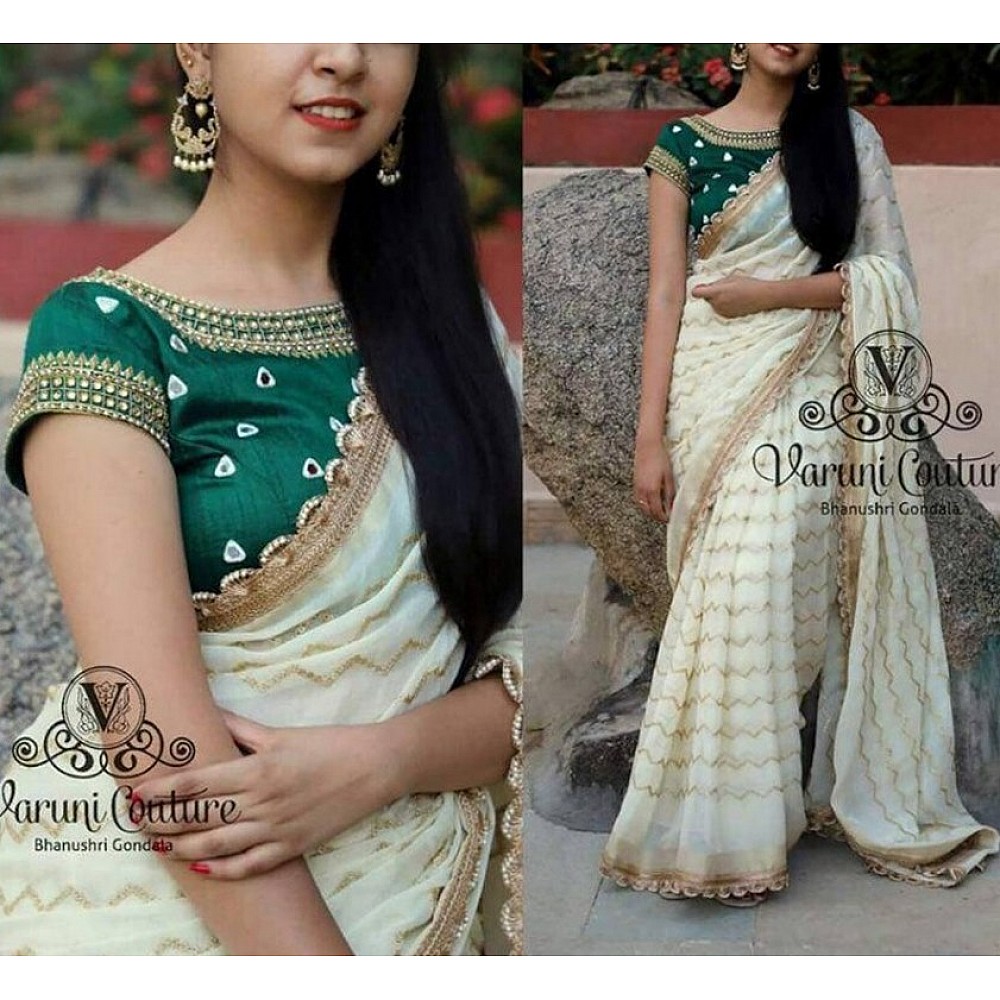 White georgette embroidered wedding saree