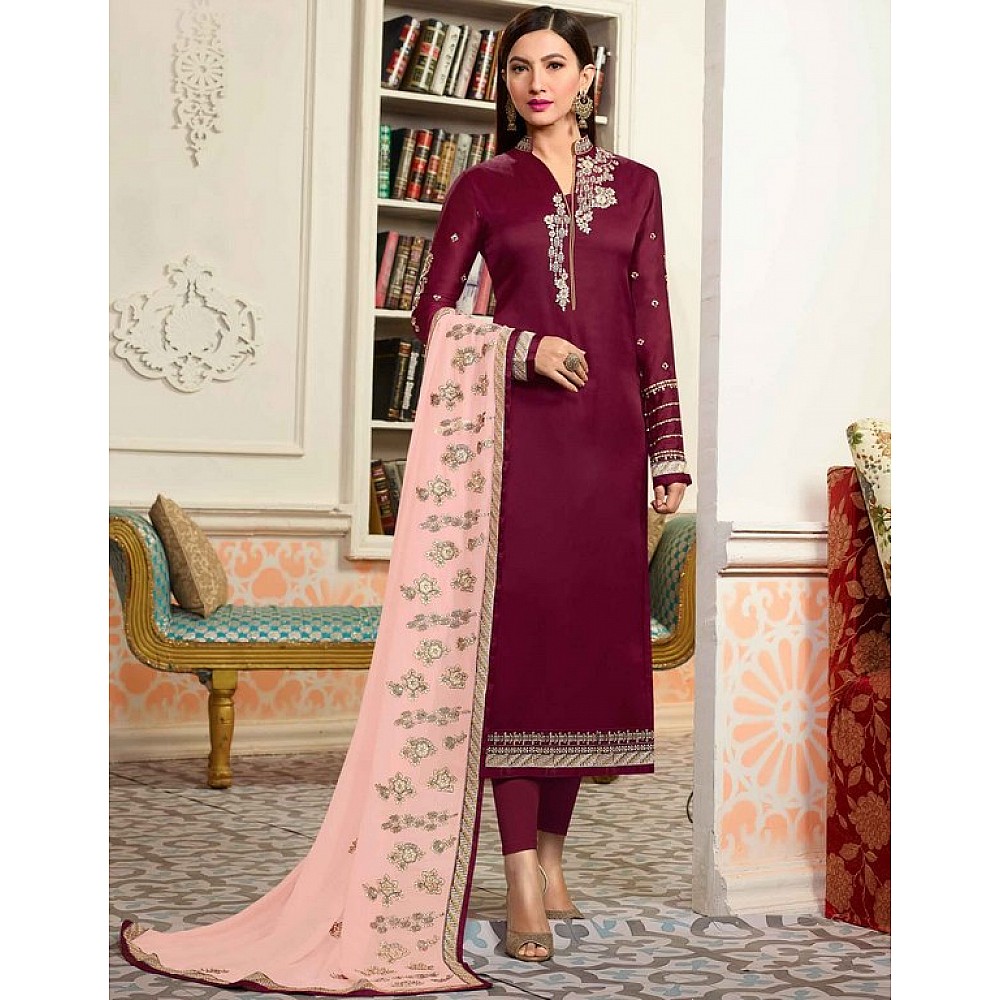 Wine Colored Georgette & Satin Digital Zari & Resham Embroidered Semi Stitched Salwar Suit