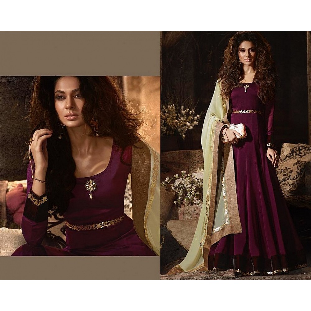 Wine Colored Silky Georgette & Velvet Lace work with Velvet Patta Semi Stitched anarkali Suit