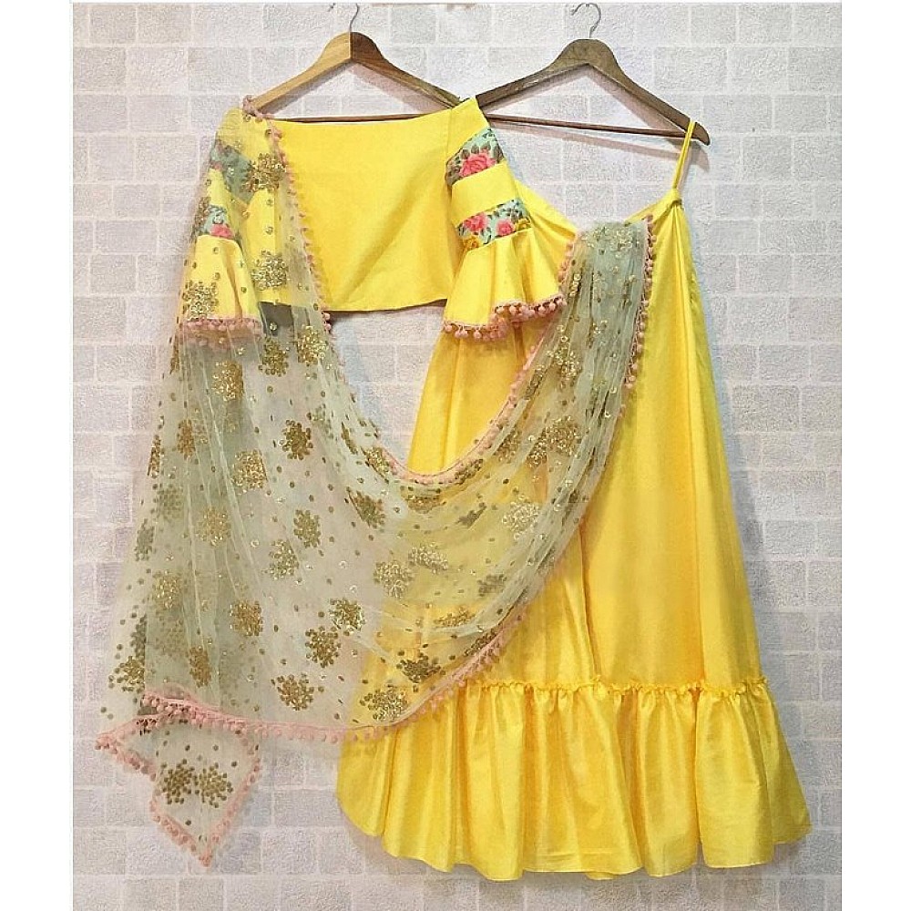 Yellow banglori silk plain partywear lehenga