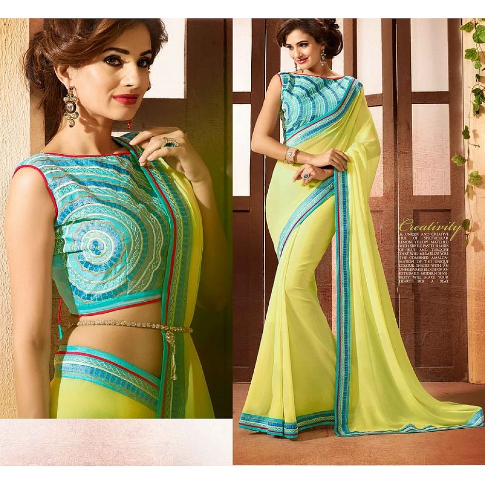Yellow Colored Chinon Embroidered & Lace Bordered Saree Bordered