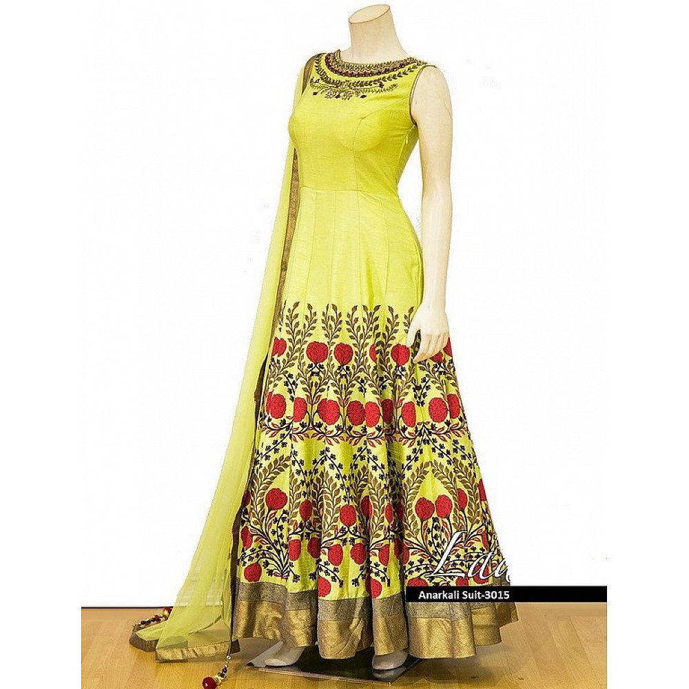Yellow nura silk designer zardoshi worked gown style anarkali suit