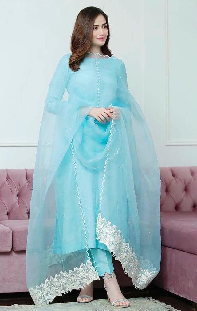 Peacock Blue Embroidered Designer Gharara Palazzo Suit - Hatkay