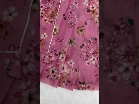 Peach tibby silk floral printed gown with belt and dupatta